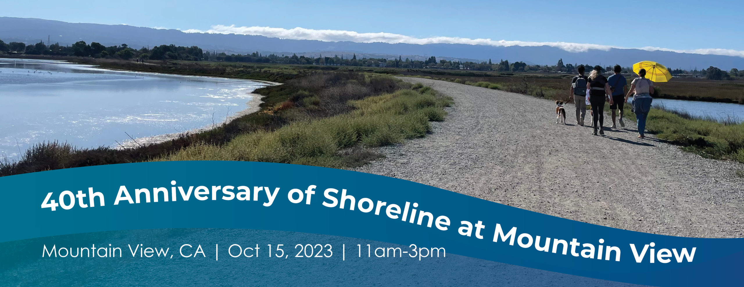 Photo of a group of people walking along the Bay Trail near the shoreline. Event is for the 40th Anniversary of Shoreline at Mountain View in Mountain View CA on October 15, 2023 from 11am-3pm.